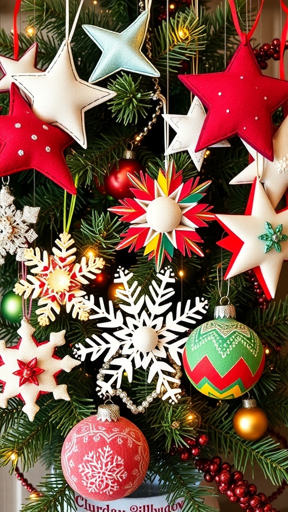 DIY Christmas Ornament Patterns A variety of DIY Christmas ornaments including felt stars, wooden snowflakes, and paper baubles on a festive background.